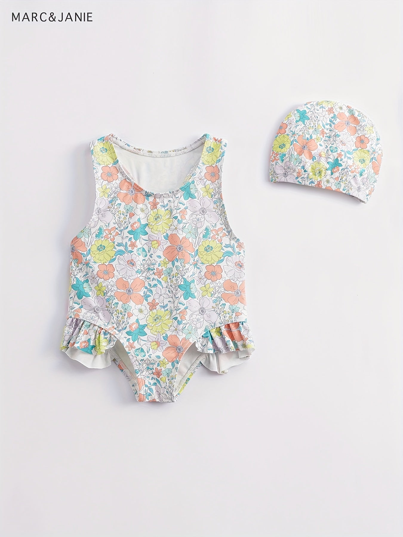 Toddler Girls Fish Pattern Swimsuit & Swim Hat Set