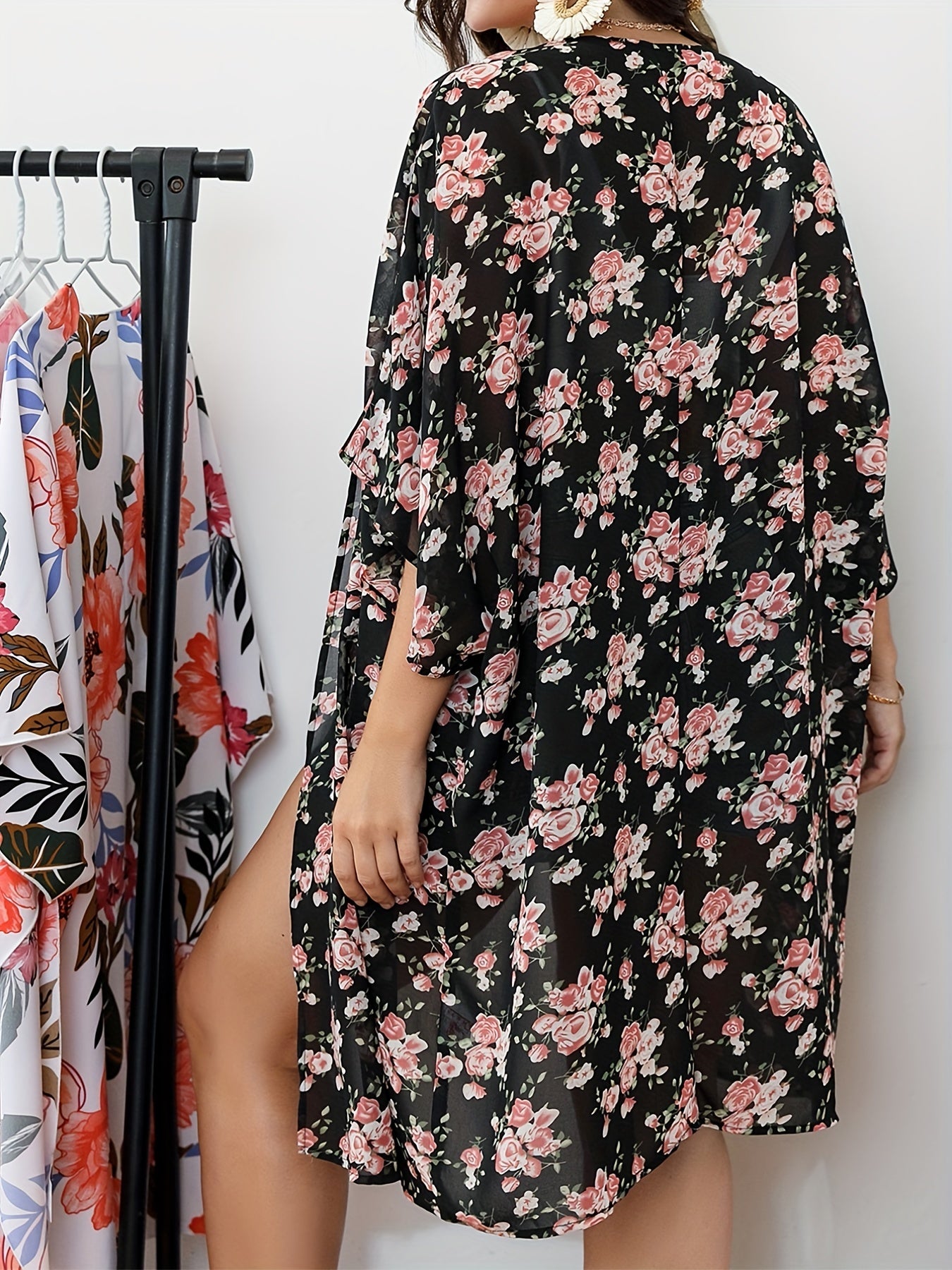 Vacay Kimono Women's Plus Floral Print Short Sleeve Kimono Cover Up