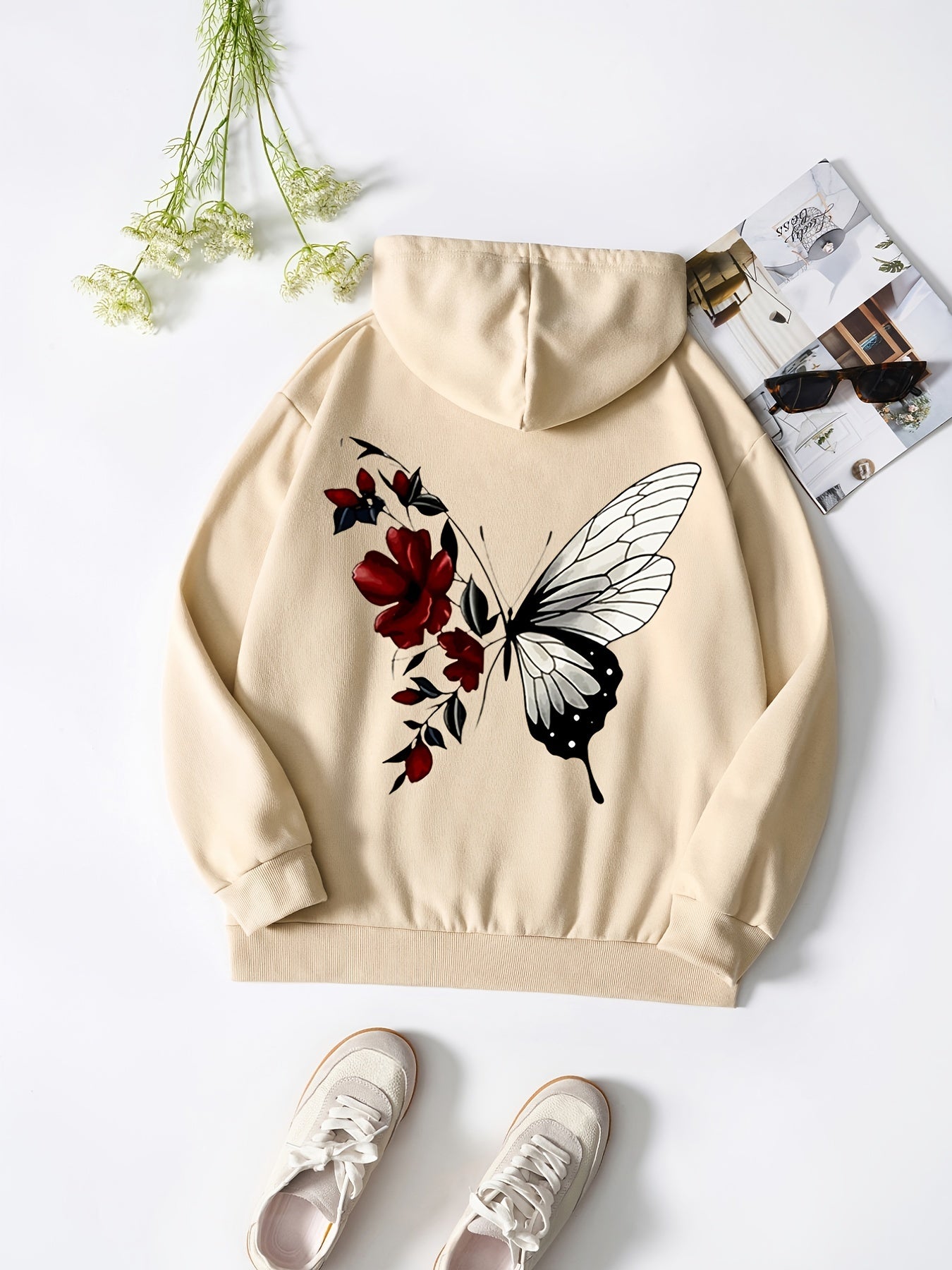 Butterfly Drawstring Hooded Shirt Solid Long Sleeve Sweater