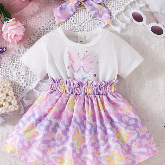Girls Butterfly Print Pleated Dress for Summer