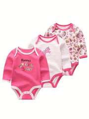 3Pcs Cartoon Long-sleeved Baby Bodysuits Cotton 0-12M Jumpsuits