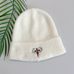 Gothic Cross Embroidery Beanie Apricot Unisex Knit Hat Elastic