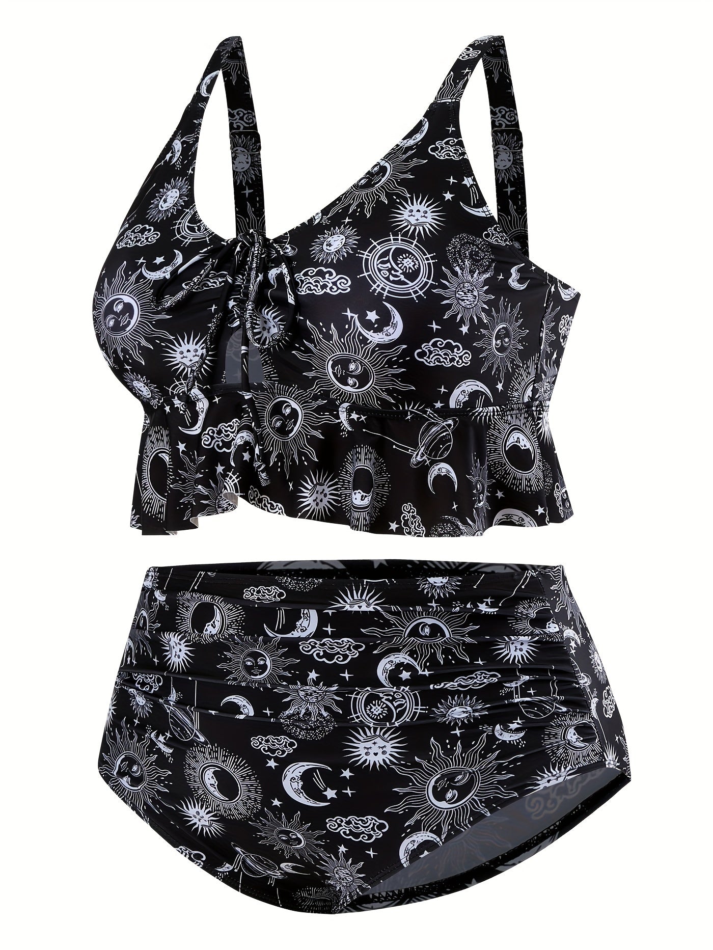 Boho Bikini Set Sun & Moon Print Lace Ruffle Trim Two Piece Swimsuit