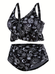 Boho Bikini Set Sun & Moon Print Lace Ruffle Trim Two Piece Swimsuit