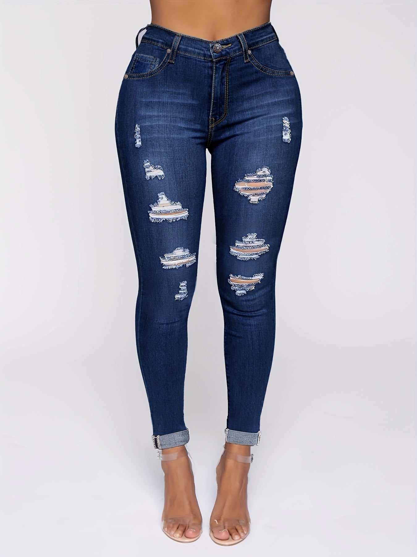 Dark Ripped Holes Skinny Jeans Slim Fit