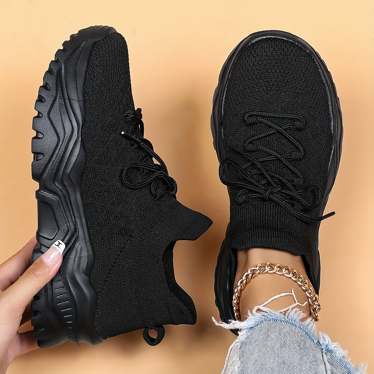 Women's Lace up Walking Shoes Thick Bottom Casual Knit Mesh Sneakers