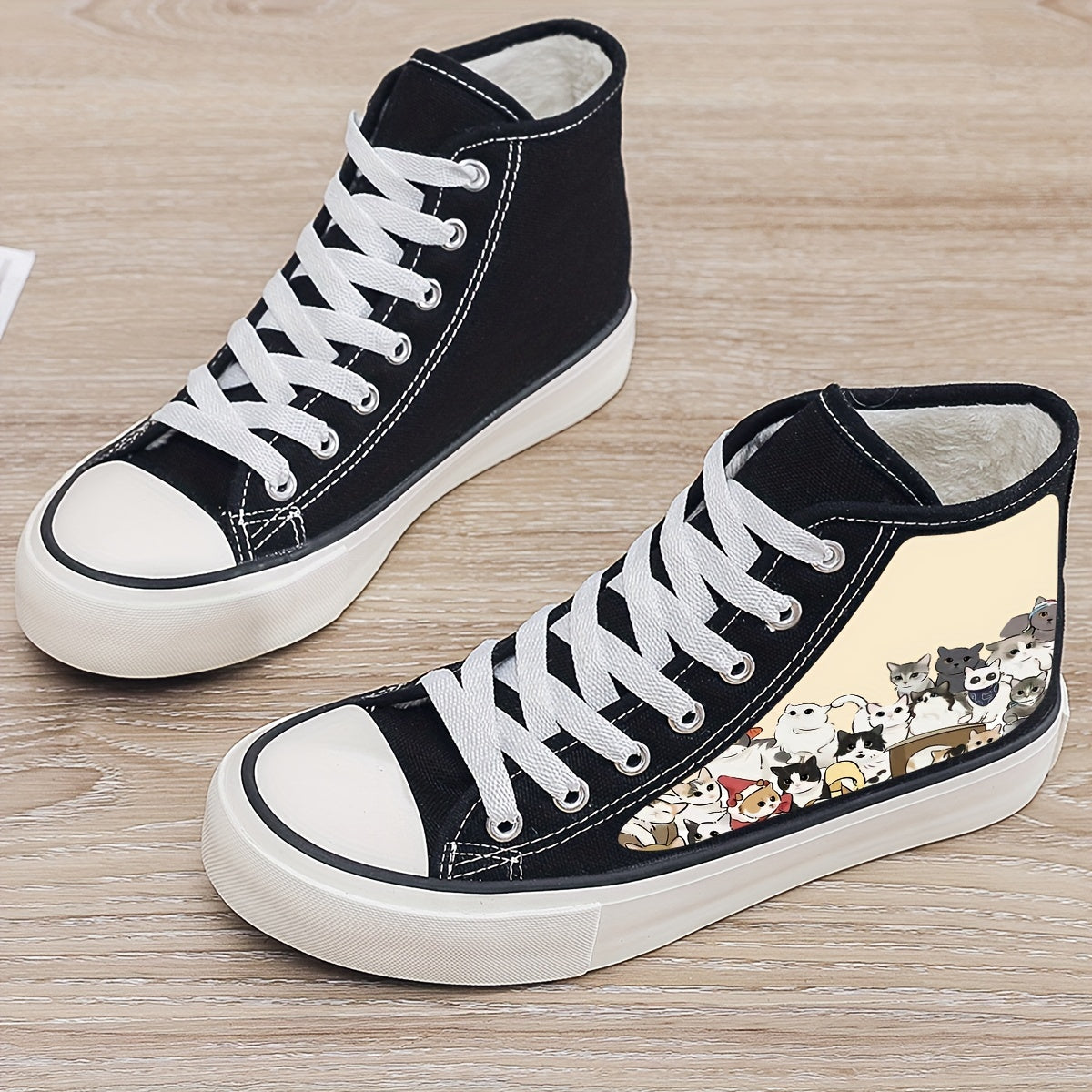 Kitten Print Plush Lined Thermal Chunky Canvas Sneakers