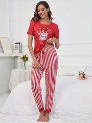 Heart Print Lounge Set Short Sleeve Crew Neck Top & Striped Pants