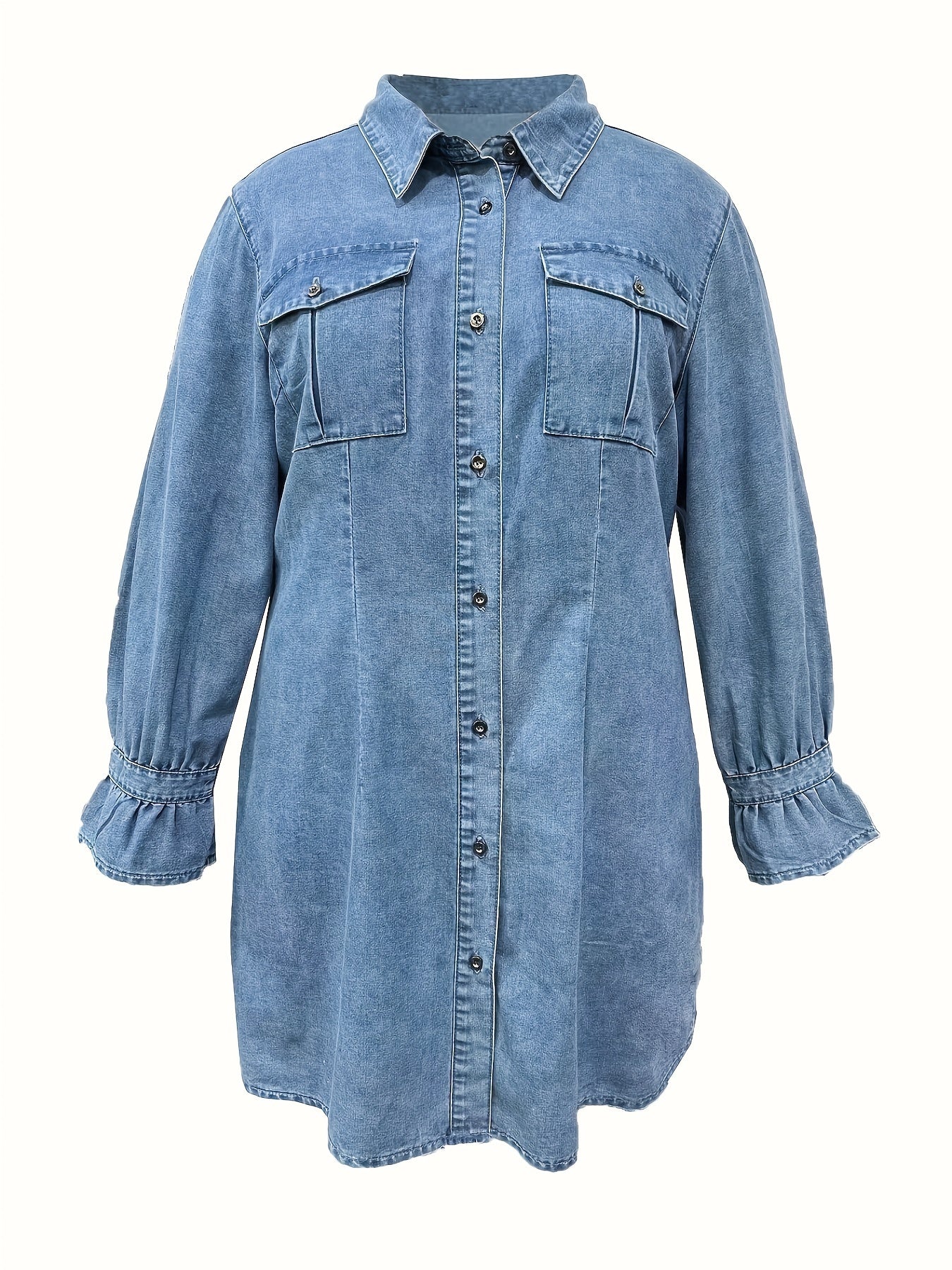 Flounce Sleeve Button Up Lapel Collar Denim Dress