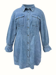 Flounce Sleeve Button Up Lapel Collar Denim Dress