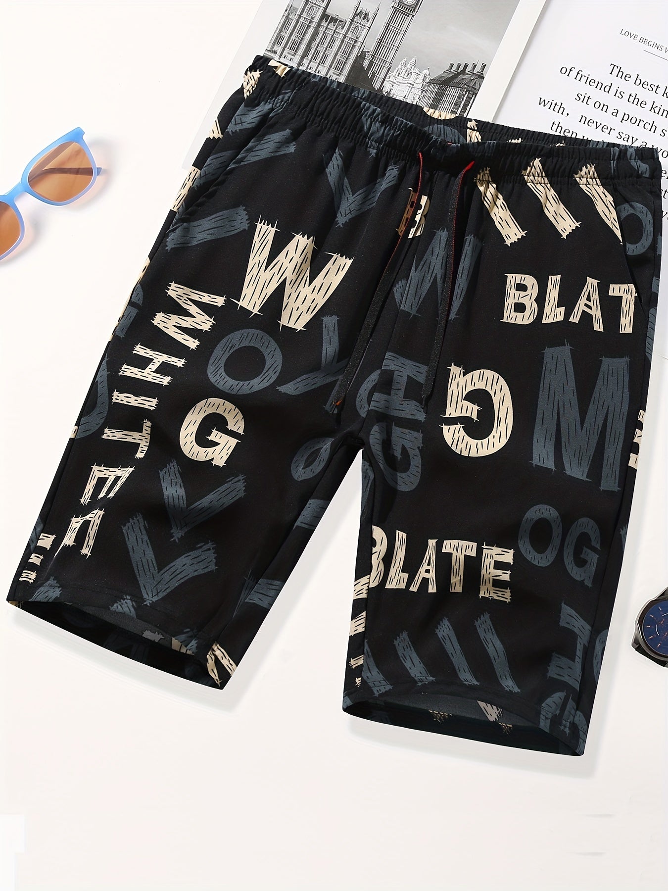 Men's All Over Letter Print Drawstring Shorts