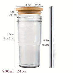 24oz Clear Glass Cup with Wooden Lid & Steel Straw