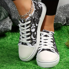 Halloween Skull Print Flat Shoes Women's Casual Lace Up Low Top