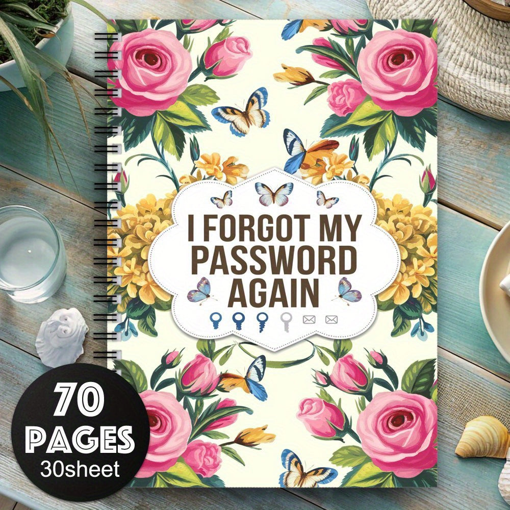Floral Spiral Password Notebook, 70 Pages, Colorful Flowers & Butterflies