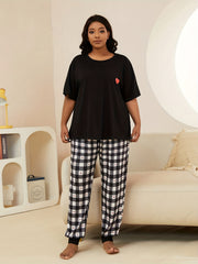 Gingham & Heart Print Nightdress Short Sleeve Round Neck