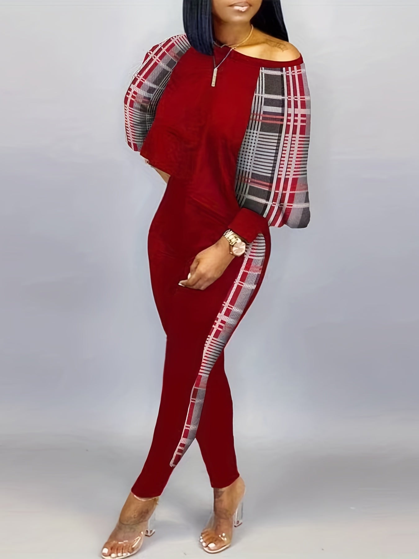 Patchwork Casual 2pc Set Long Sleeve Top & Long Pants