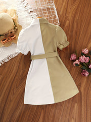 Girls Causal Block Puff Sleeve Button Down Lapel Dress With Belt