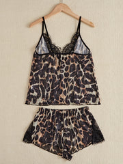 Lace Leopard Pajama Set V Neck Cami Top & Shorts Women's Sleepwear