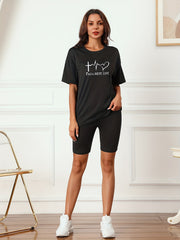 Letter Print T-shirt & Skinny Shorts Set Women's Clothing