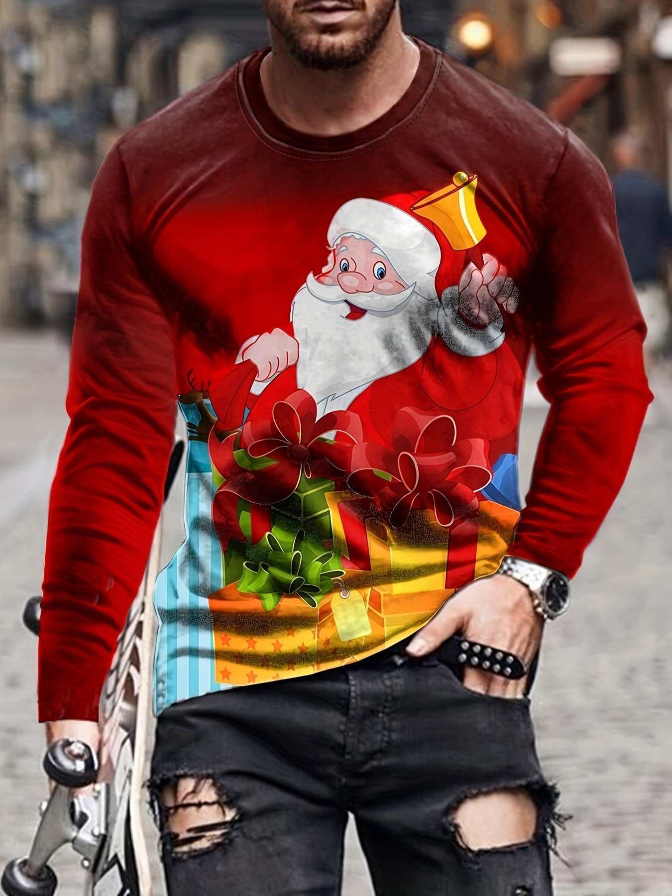 Christmas Santa Claus Print Men's Long Sleeve Novelty T shirt