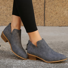 Chunky Heeled Ankle V Cut Boots Stacked Heeled Back Zipper Pointed Toe