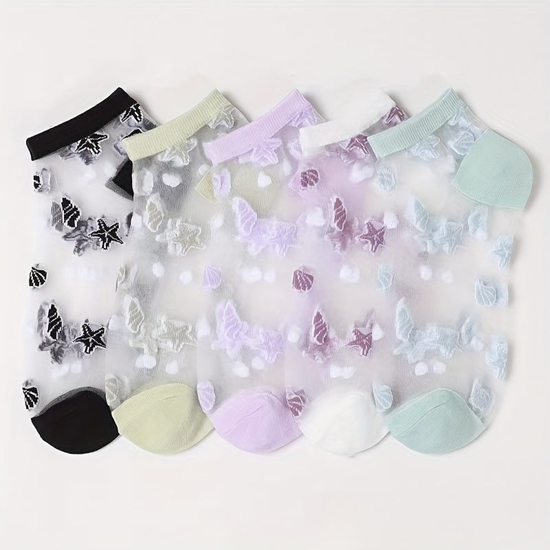 5 Pairs Starfish Pattern Socks & Lightweight Mesh Short Socks Women's Stockings