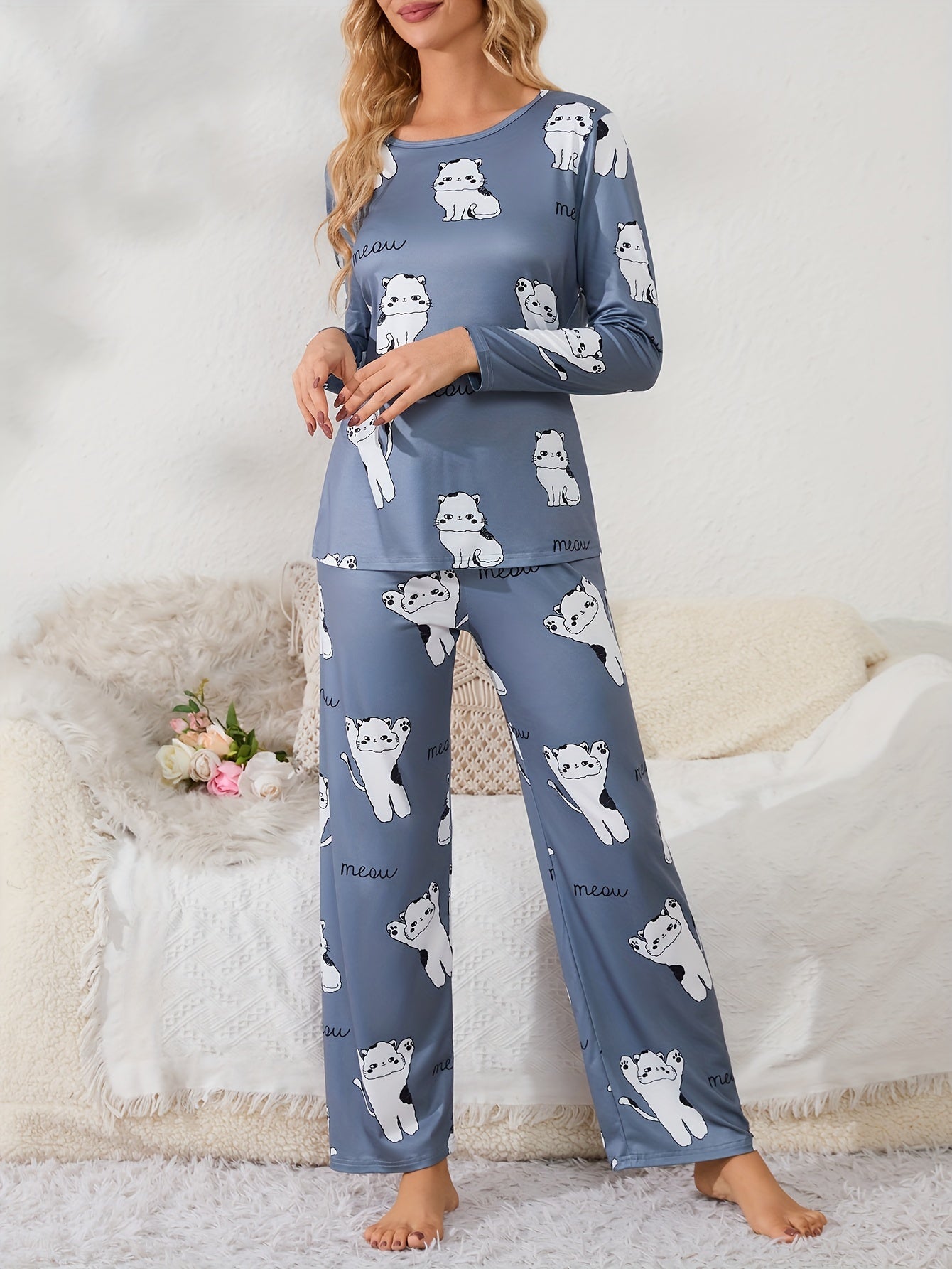 Cartoon Animal Pajama Set Long Sleeve Top & Pants Women's Sleepwear