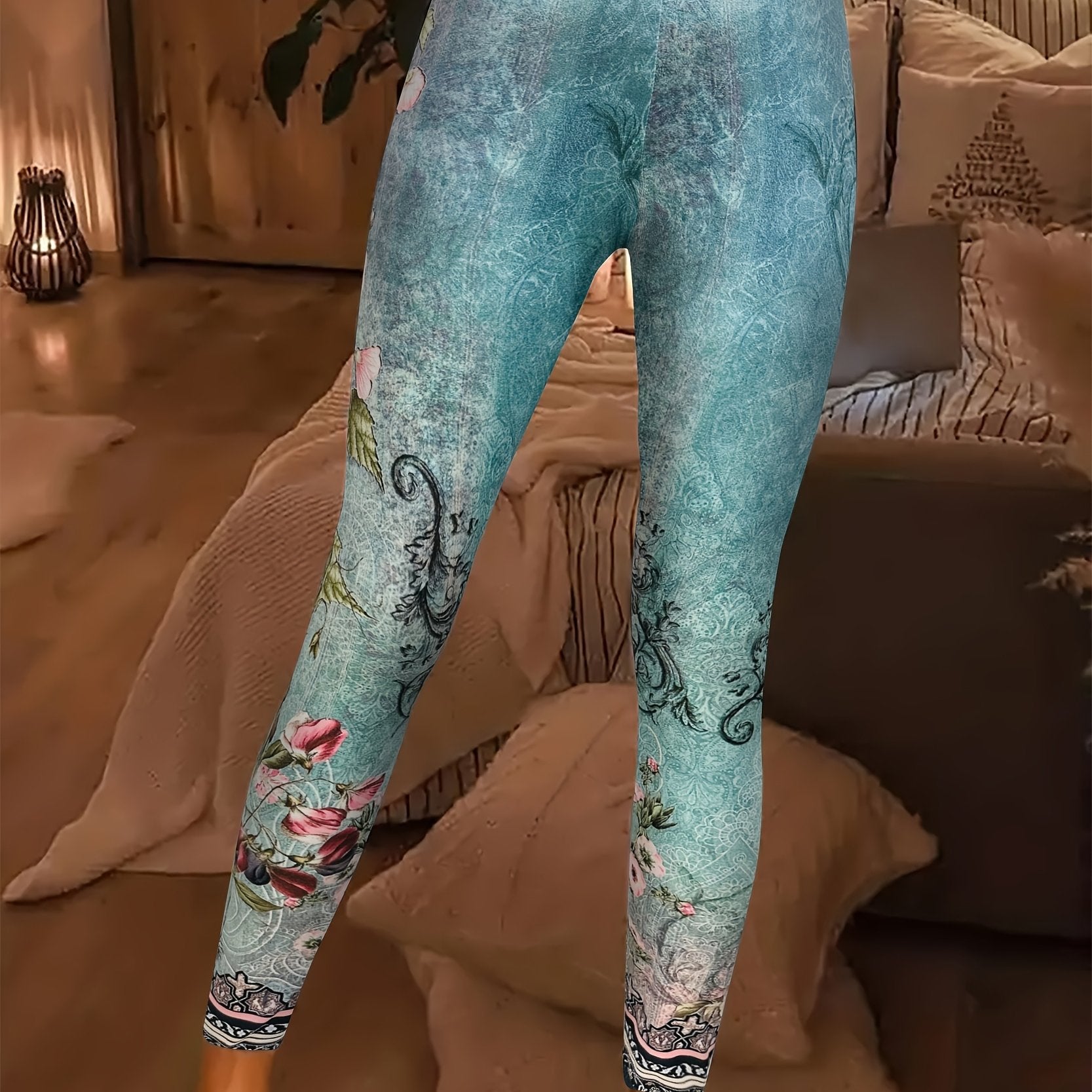 Floral Print Skinny Leggings Stretchy Casual Leggings Women's Clothing