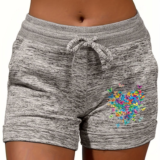 Butterfly Print Elastic Waist Shorts for Women
