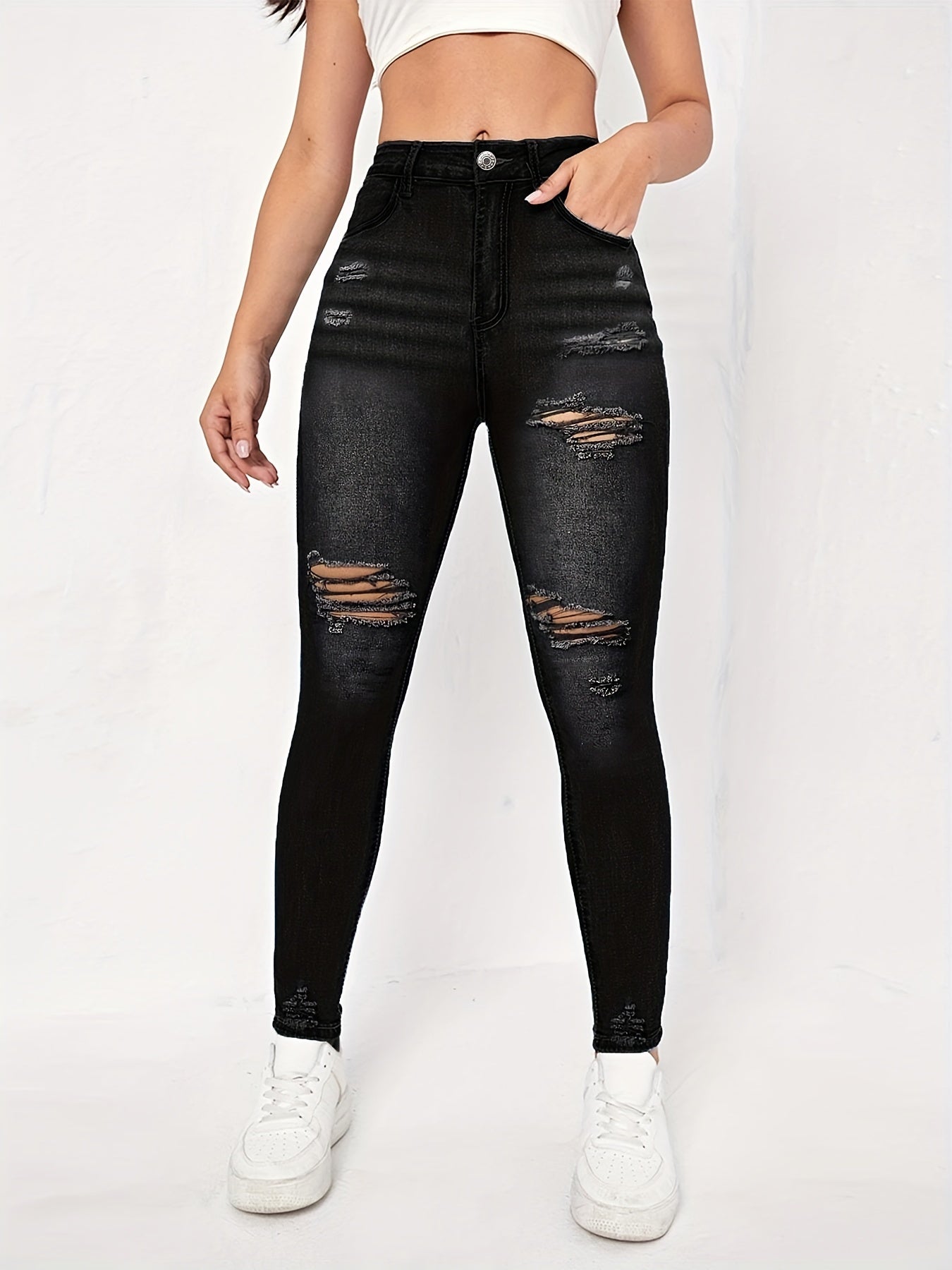 Ripped Holes Skinny Jeans Slim Fit High Waist Casual Denim Pants