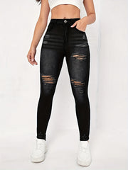 Ripped Holes Skinny Jeans Slim Fit High Waist Casual Denim Pants