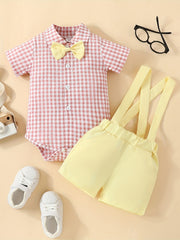 2pcs Baby Boys Plaid Bowtie Onesie & Suspender Shorts Set