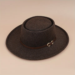 Buckle Flat Top Hat Wide Brim Sunshade Woolen Jazz Hat