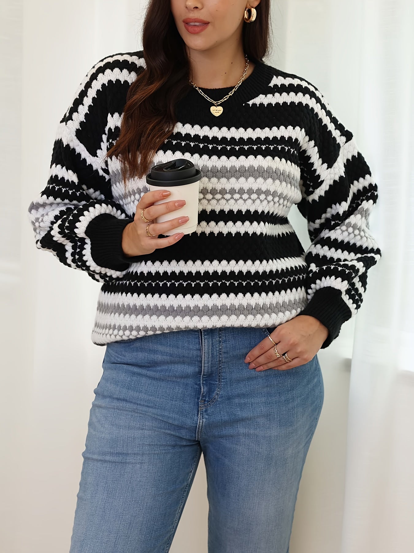 Striped Long Sleeve Sweater Round Neck Jumper