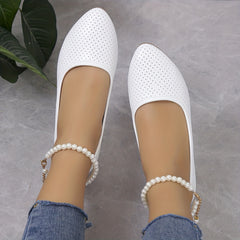 Perforated Pointed Toe Flats Faux Pearl Ankle Strap Shoes