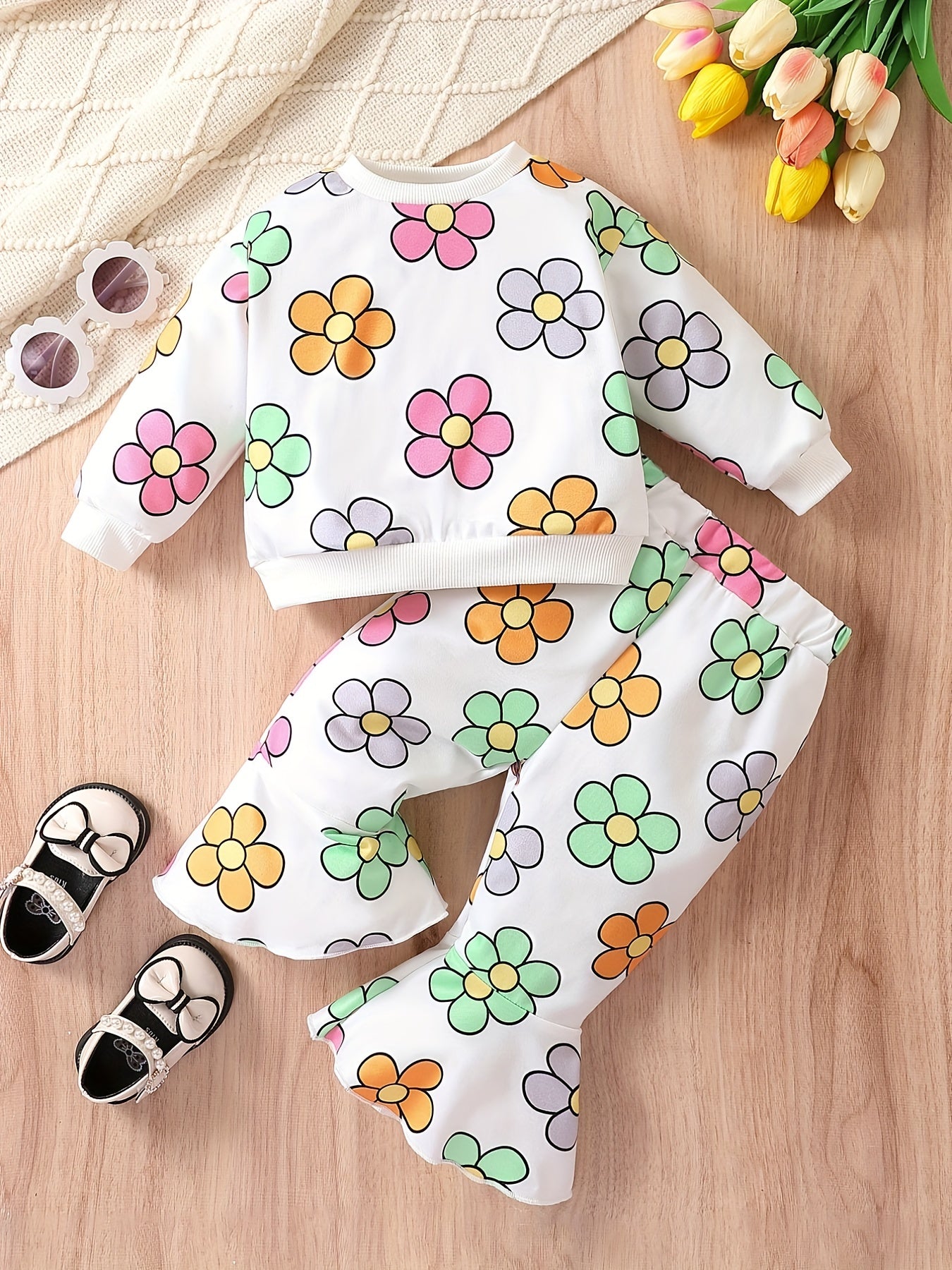 Baby Girls 2pcs Flower Graphic Ribbed Top Flared Pants Set