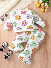 Baby Girls 2pcs Flower Graphic Ribbed Top Flared Pants Set