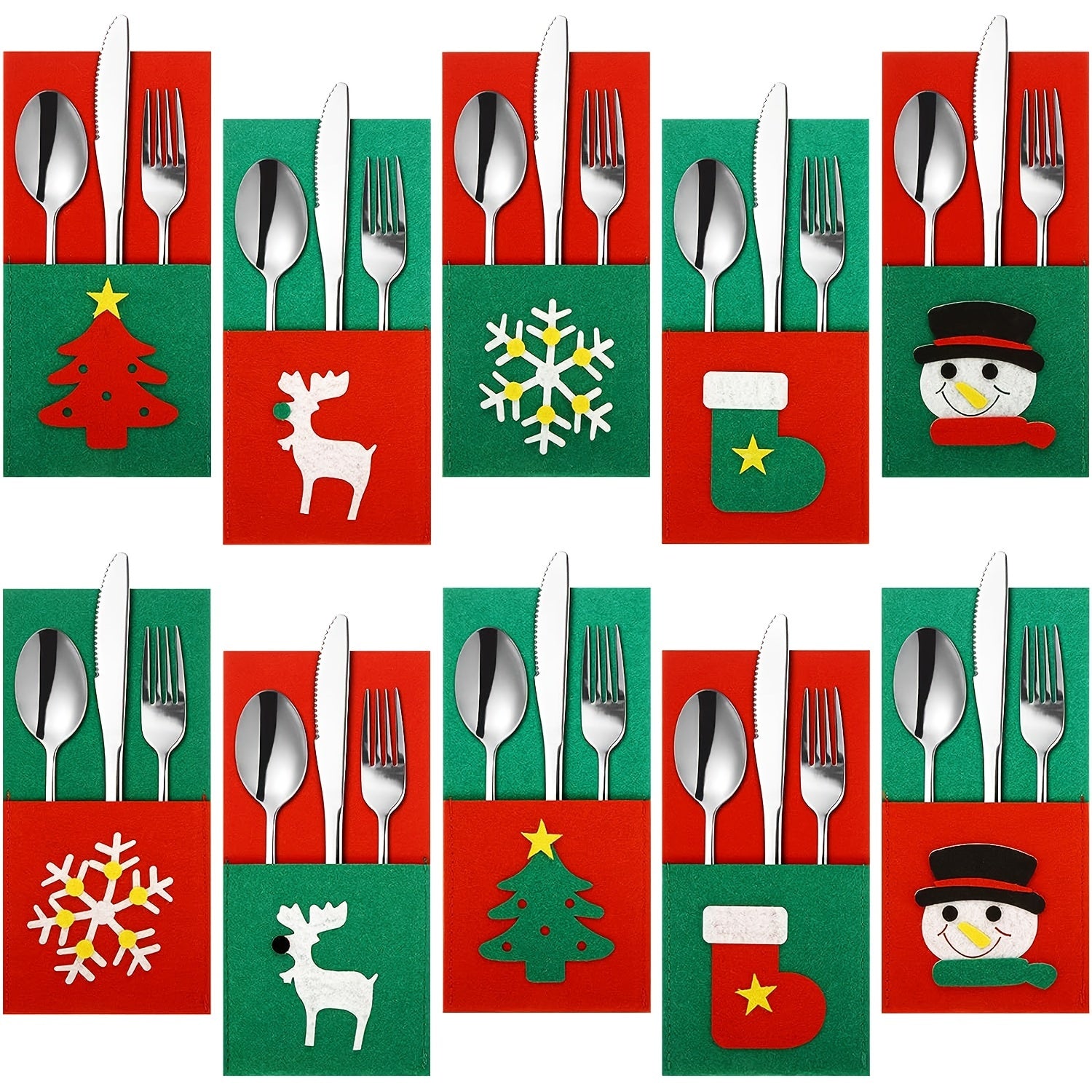 10pcs Christmas Felt Cutlery And Fork Bag Snowman Reindeer Stocking Cover