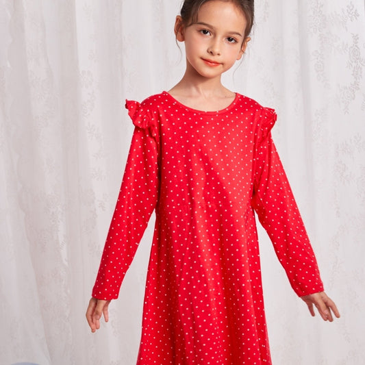 Polka Dots Girls Ruffle Long Sleeve Dress 3-8 Years