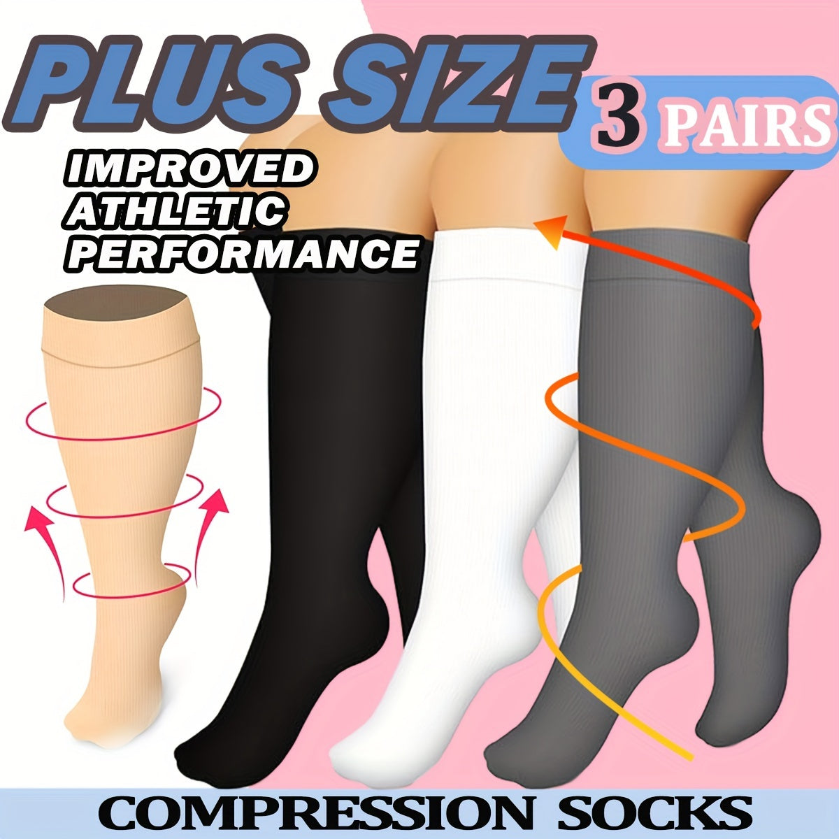 3 Pairs Plus Size Compression Socks 15-20 mmHg Wide Calf for Women & Men