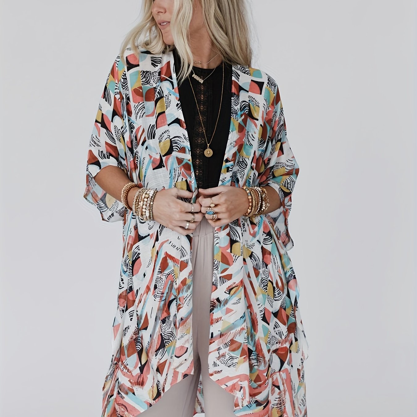 Boho Kimono Open Front Split Cover Up Kimono