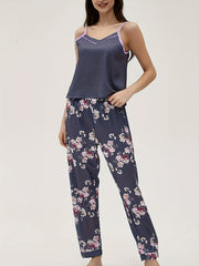 Floral Print Pajama Set V Neck Cami Top & Elastic Waistband Pants