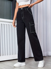 Cargo Jeans High Rise Solid Denim Pants
