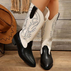 Women's Colorblock Western Boots Slip On Point Toe Chunky Heel Mid Calf