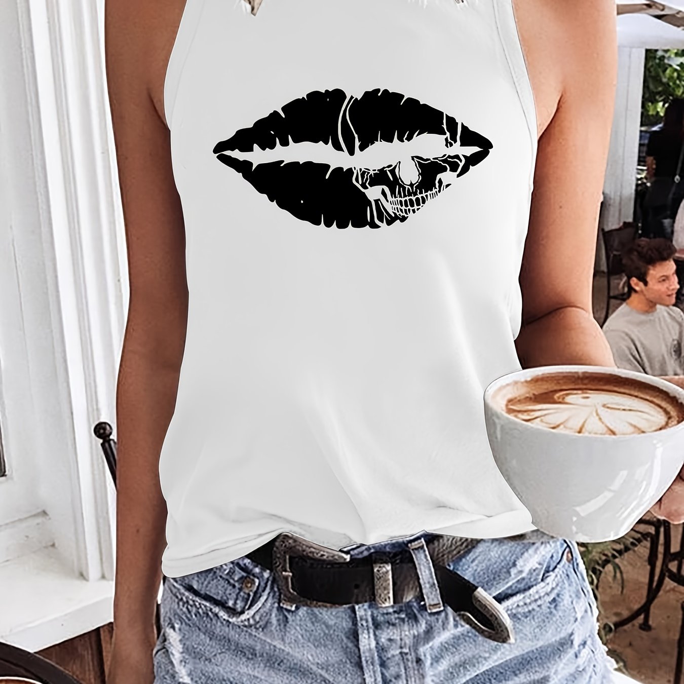 Lip Print Tank Top Crew Neck Summer Sleeveless Top Women's Clothing