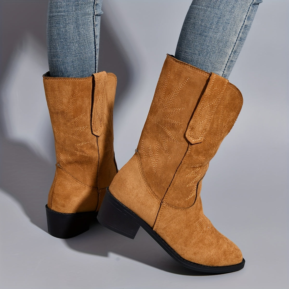 Women's Embroidered Western Boots Slip On Chunky Heel Boots
