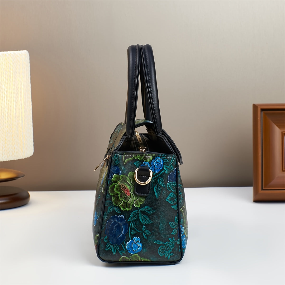 Vintage Floral Print Crossbody Bag Detachable Strap Zipper Closure