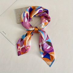 Flower Print Silk Square Scarf Bandana Head Wrap for Women