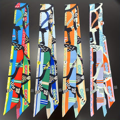 Vintage Chain Print Skinny Scarf Ribbon Neckerchief Classic Long Twilly Scarf