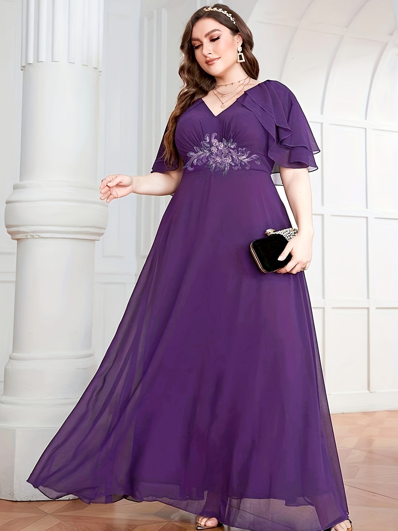Floral Appliques Cape Sleeve Formal Dress